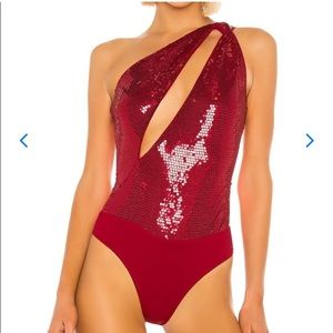 Lover + Friends Sequin Bodysuit Red Xs from Revolve Clothing